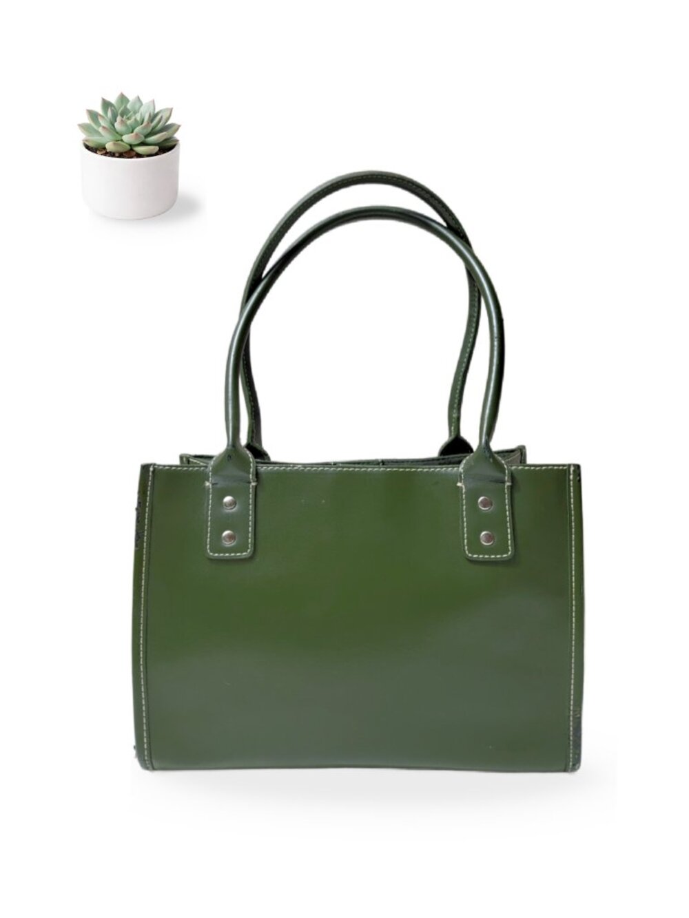 Wilsons Leather Green Structured Satchel Tote Handbag Silver Hardware Purse - Picture 3 of 12